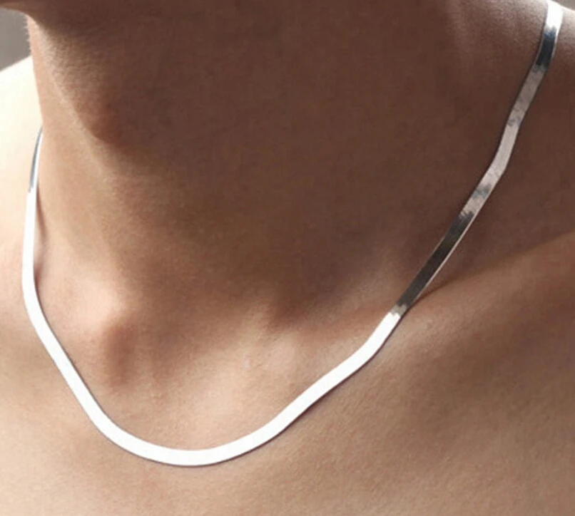 Anenjery Silver Color necklace Unisex Flat snake Link Chain Lobster Clasp collares necklaces for women men S-N21 Anenjery Silver Color necklace Unisex Flat snake Link Chain Lobster Clasp collares necklaces for women men S-N21