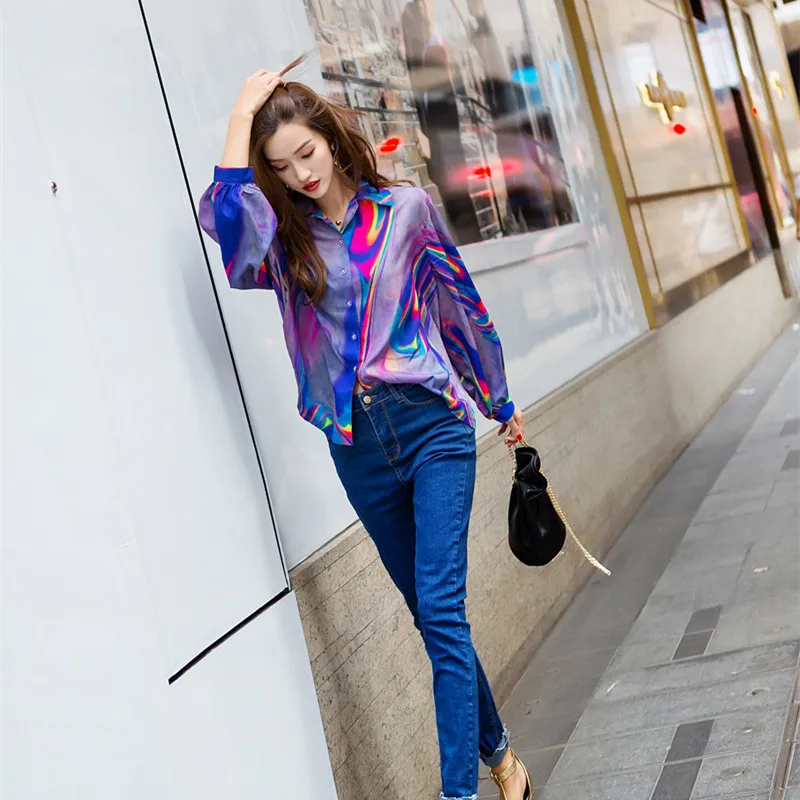

Cheerart Holographic Print Womens Tops And Blouses Colorful Shirt Loose Long Sleeve Streetwear Blouse Top Femme