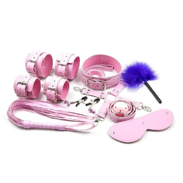 Pink 9-piece DreamBell сексуальные наручники из искусственной кожи, 9 шт., набор с повязкой на глаза для взрослых и пар - Окраска металла: Pink 9-piece
