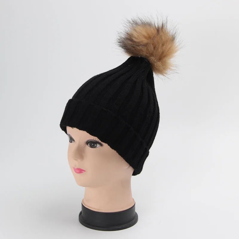 Женские яркие зимние вязаные шапочки из искусственного меха енота и кроличьего с