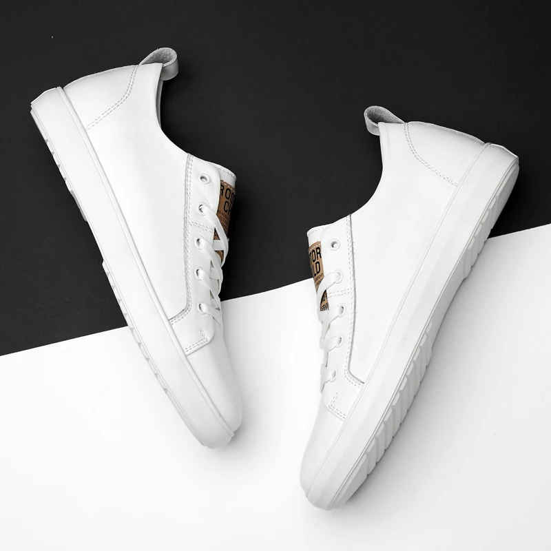 

2019 new men's shoes casual genuine leather male flats sneakers height increasing shoe man black or white platform shoes for men