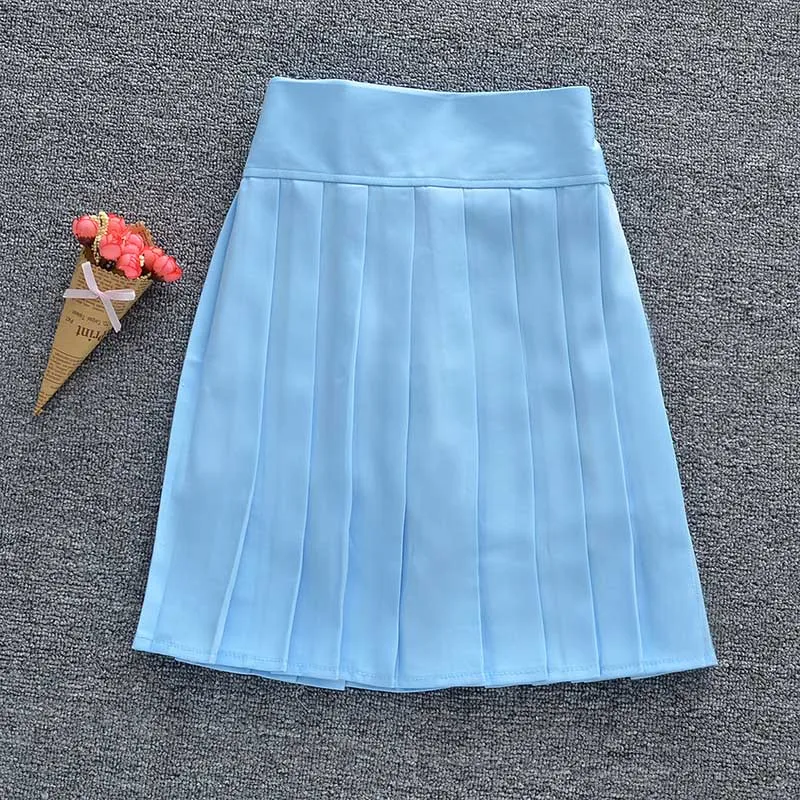 light blue Новая женская плиссированная юбка с шортами школьная форма мини-юбка Однотонная юбка с высокой талией с шортами эластичная лента - Цвет: light blue