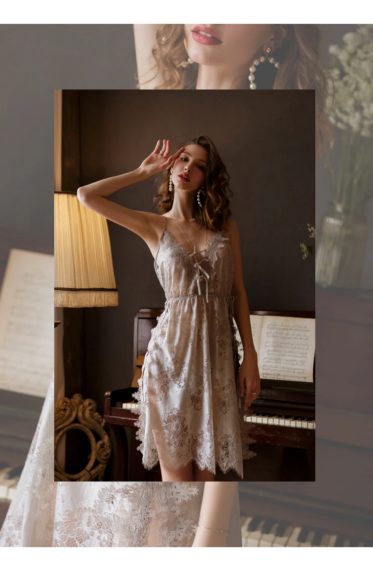 Sexy Lingerie Nightgowns Four Seasons Suspender V-neck Nightdress Ladies Sleepwear Sling Lace Sheer Cross Back Night Sleep Dress