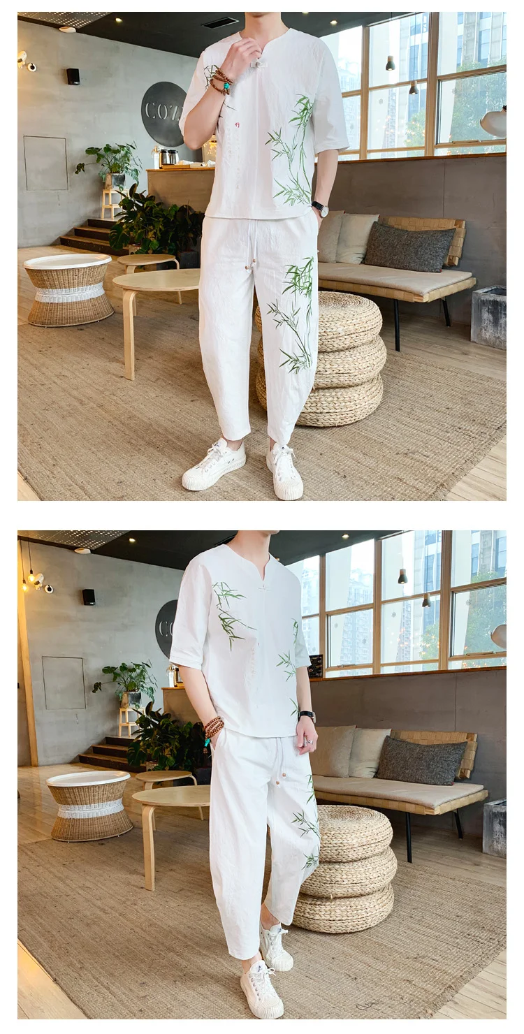 Sinicism Store бамбуковый спортивный костюм с вышивкой для мужчин мужские летние льняные спортивные костюмы мужские уличные китайские винтажные комплекты из 2 предметов