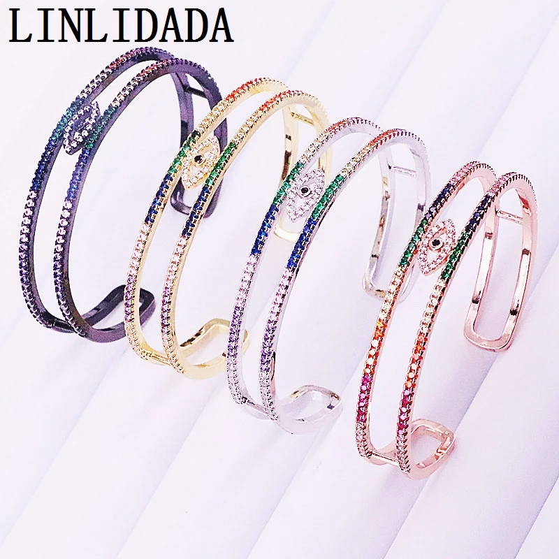 

4Pcs Colorful CZ Fashion Cuff Bangles Wedding Jewelry Gold Color Rainbow Zirconia For Women Girls Bracelets