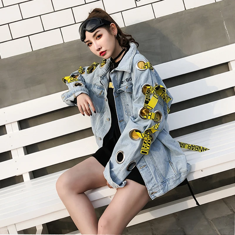 Осень ушко отверстия Винтаж Harajuku пальто вышивка ленты джинсовая куртка для женщин женские свободные уличная одноцветное пальт