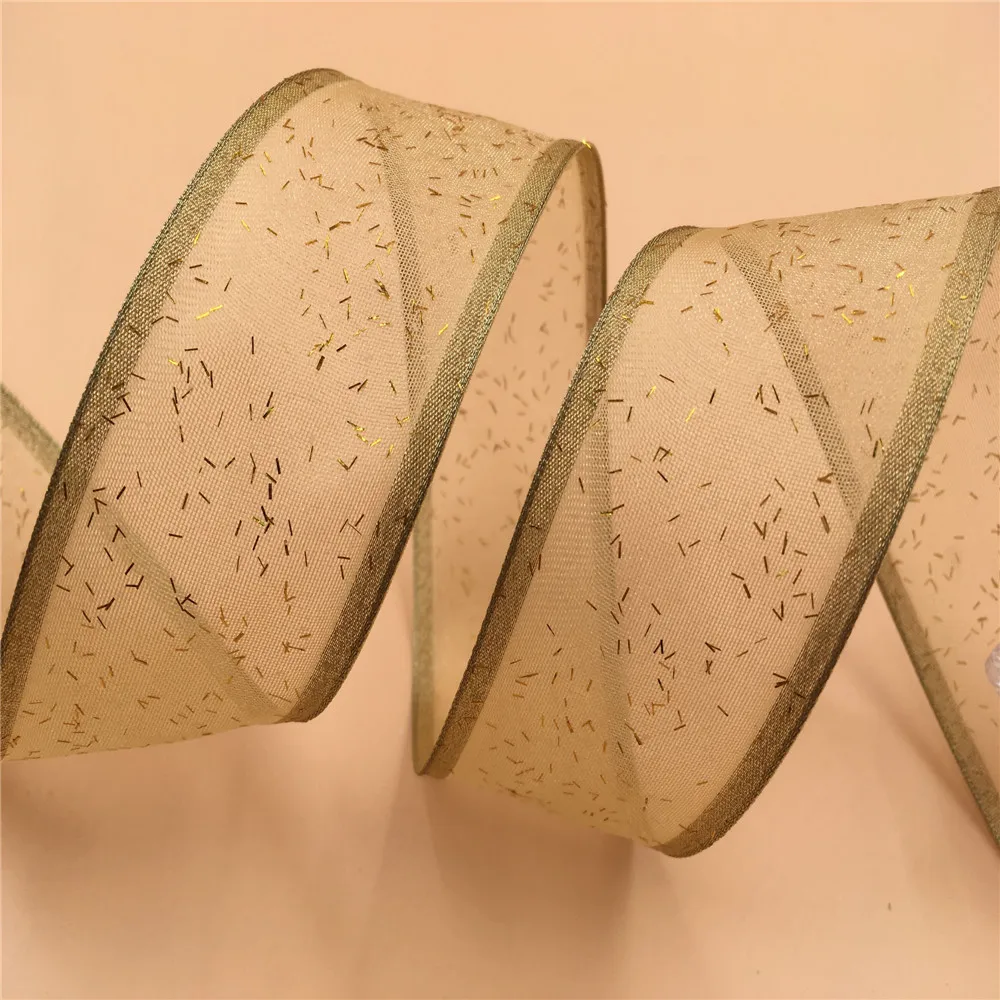 

38mm X 25yards Sparkling Gold Glitter Wired Metallic Edge Sheer Ribbon. Gift Bow,Wedding,Cake Wrap,Tree Decoration,Wreath N1092