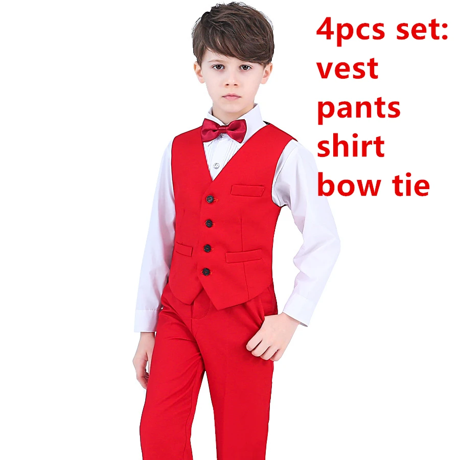 red vest 4pcs Детский костюм для свадьбы, комплекты для мальчиков с цветочным рисунком, Детские торжественные смокинги, наряды блейзер для мальчиков, жилет, рубашки, брюки комплект одежды с галстуком-бабочкой - Цвет: red vest 4pcs