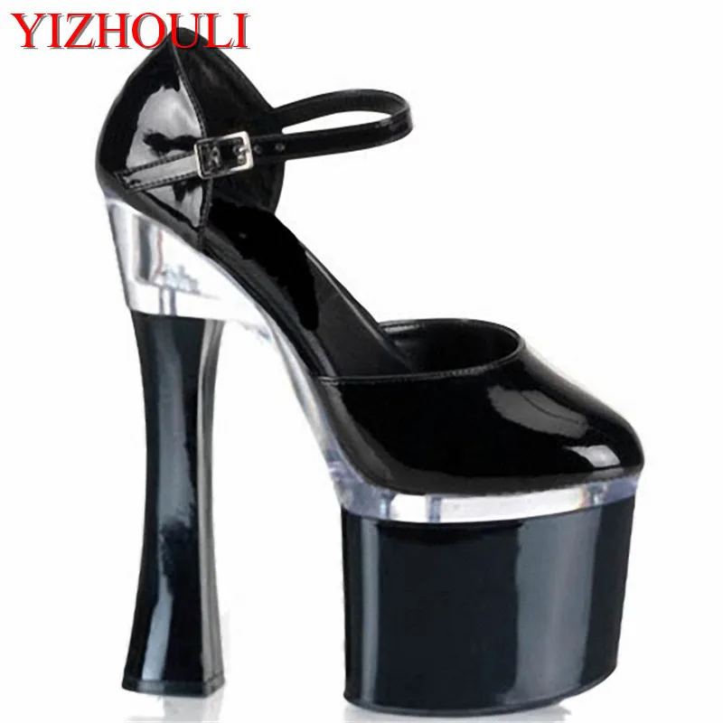 18cm sexy baotou super high heels, stage style high heel shoes, black patent leather paint, dance shoes