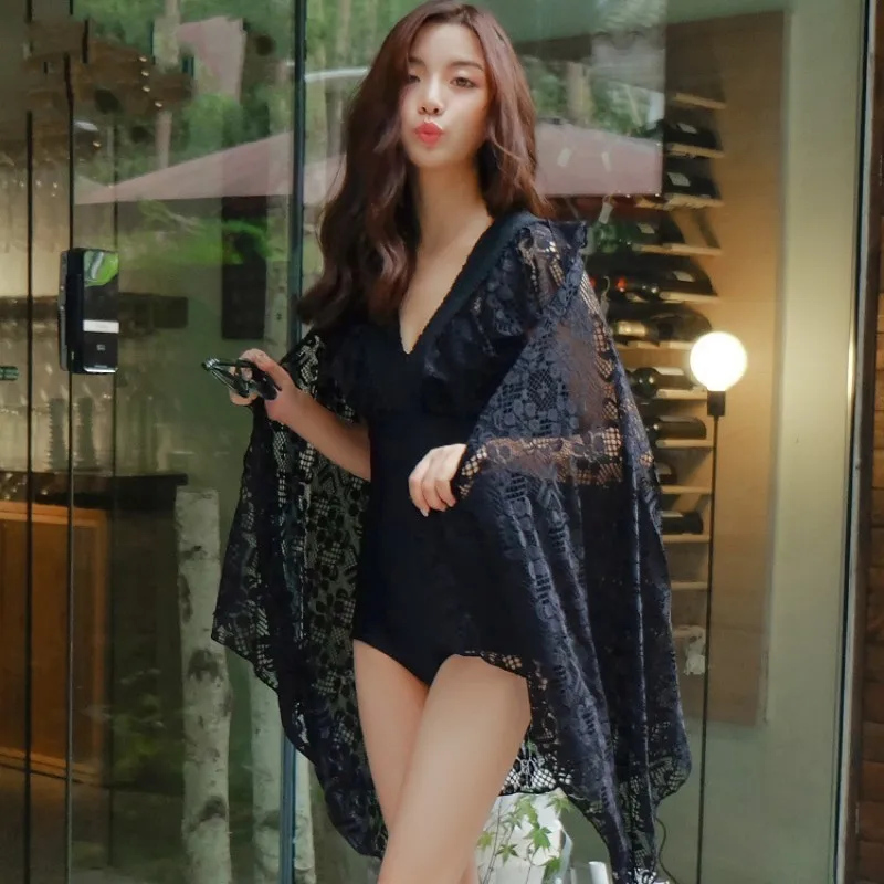 Новинка 2021 черный кружевной Цельный купальник женский большого размера