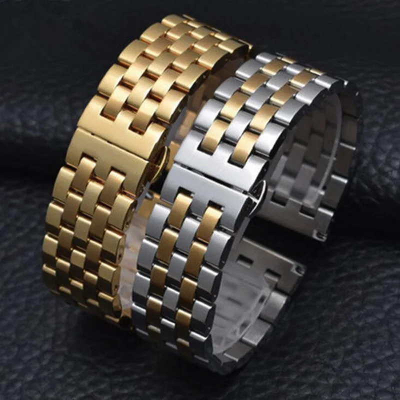 High Quality Butterfly Clasp Watchband 18mm 20mm 22mm 24mm Stainless Steel Watch Band Strap Men Silver Gold Bracelet Solid Link