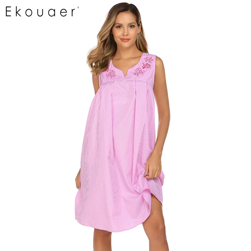 pink Ekouaer летнее Ночное платье женская модная ночная рубашка с вышивкой v-образный вырез без рукавов полосатая ночная рубашка пуловер ночная рубашка - Цвет: pink