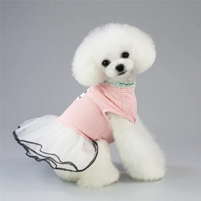Cute Strip Dog Wedding Party Dress Tutu Skirt Summer Female Girl Puppy Hoodie Shirt Clothes Costume For Yorkie Chihuahua | Дом и сад