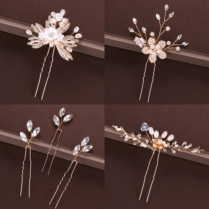 Gold Pearl Tiara Hairpin Clip Crystal Rhinestone Hair Jewelry For Women Flower Handmade Headband Wedding Bridal Hair Accessories
