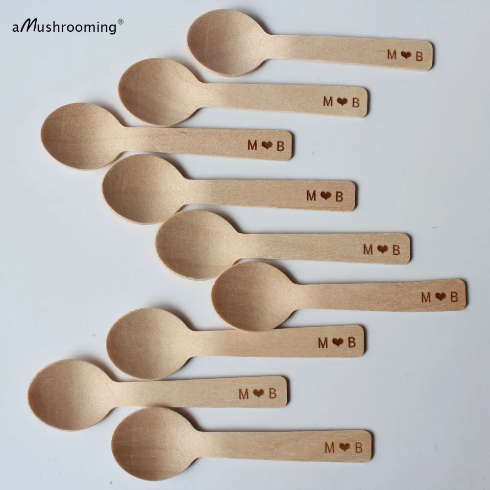 100 персонализированные мини деревянные ложки Свадебные индивидуальные инициалы