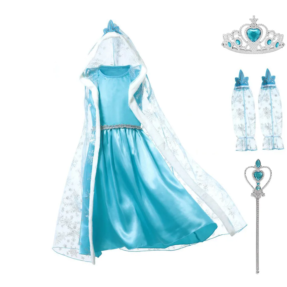 Elsa Dress Set 2 Нарядное платье принцессы для девочек; платье Эльзы с капюшоном и подходящими перчатками; накидка с принтом снежинки; Детский костюм Эльзы для костюмированной вечеринки на Хэллоуин - Цвет: Elsa Dress Set 2