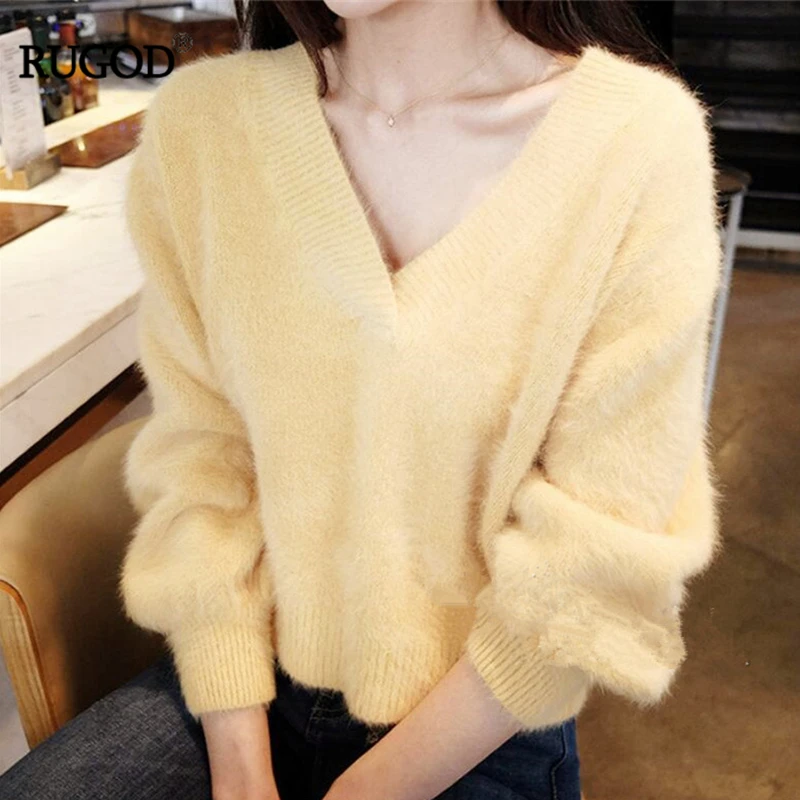 RUGOD Women Mink Cashmere Elegant Charming Soft Knitted Sweater V-Neck Lantern Sleeve Office Lady Loose Solid Female | Женская одежда
