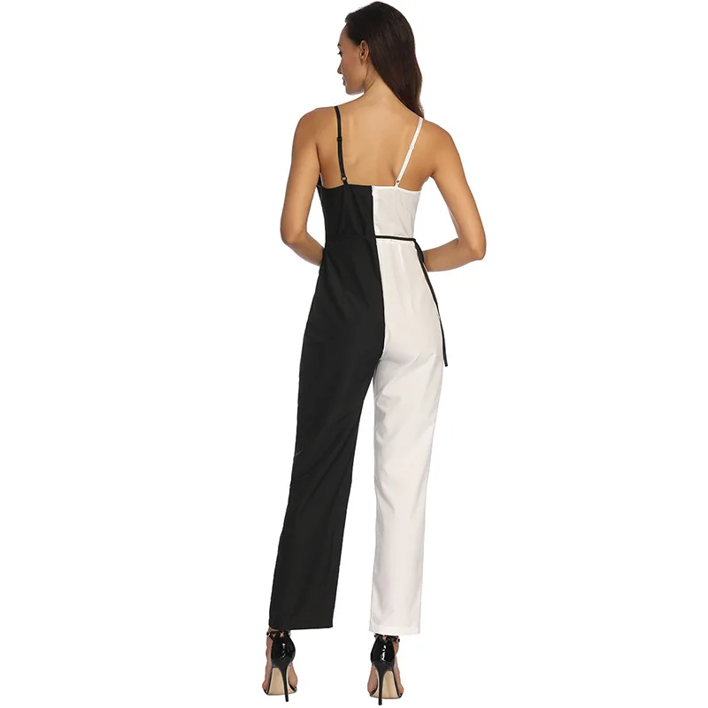 

Women's Clothing Sling Jumpsuit V-Collar Black and White Color Splice Matching Suspender Jumpsuits long length Color Jumpsuits