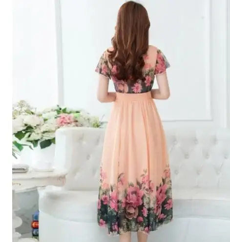 In the summer of 2017 new long chiffon dress temperament printed dresses beach with short sleeves | Женская одежда