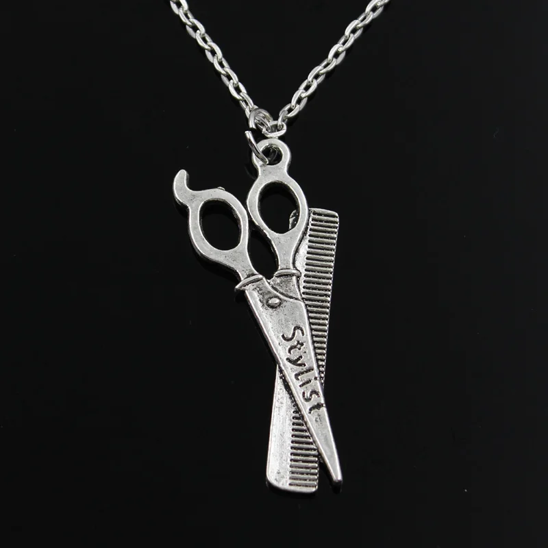 New Fashion Barber Scissor Comb Stylist Pendants Round Cross Chain Short Long Mens Womens Silver Color  Necklace Jewelry Gift
