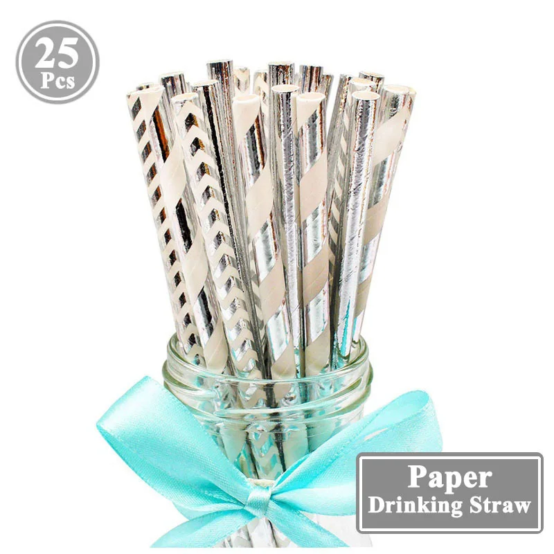silver 25pcs Paper Drinking Straws Graduation Party Decoration Just Married Babyshower Boy Girl 21st 30th 40th 50th 60th Birthday - Цвет: silver