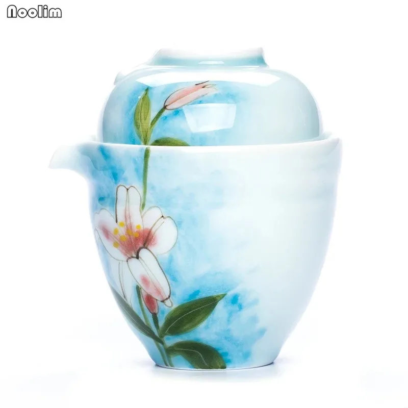NOOLIM Longquan Celadon Цзиндэчжэнь ручная роспись персиковая Лилия чайный набор чайник 1 горшок 1 чашка путешествия портативный чайный набор кунг-фу