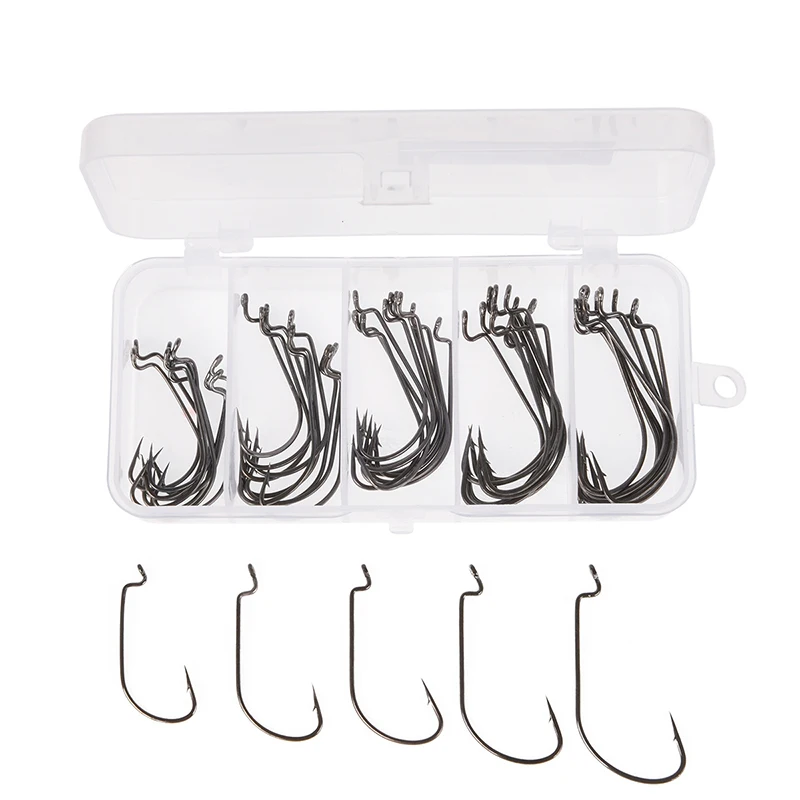 50pcs High Carbon Steel Crank Hooks Set 5 Mixed 1# 2# 1/0# 2/0# 3/0# For Soft Lure Fish In Storage Box Fishing Tackle B134 | Спорт и