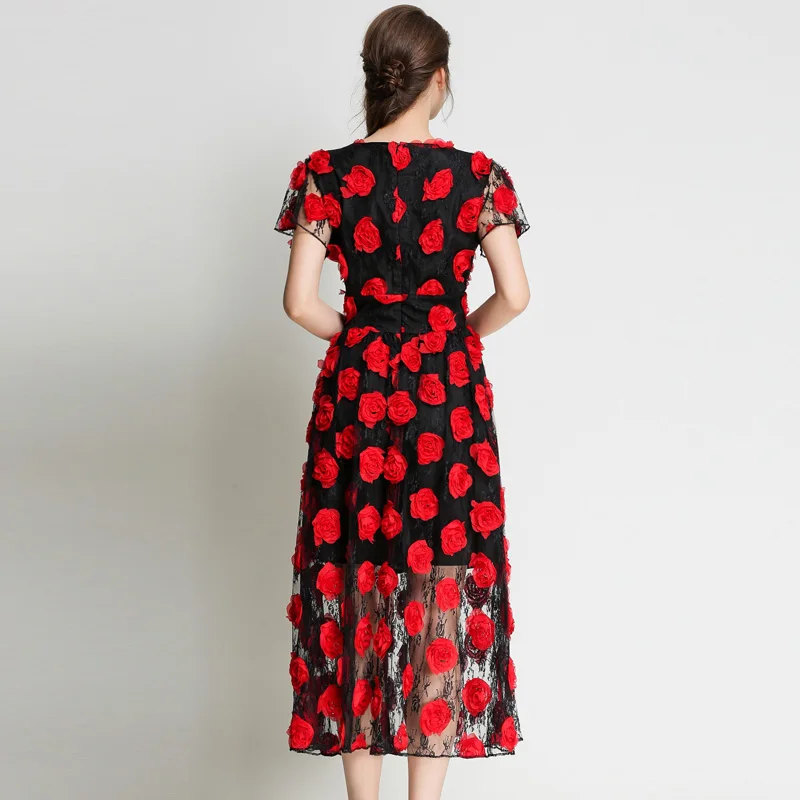 Пикантные 3D цветок аппликация кружева платье с v-образным вырезом короткий рукав