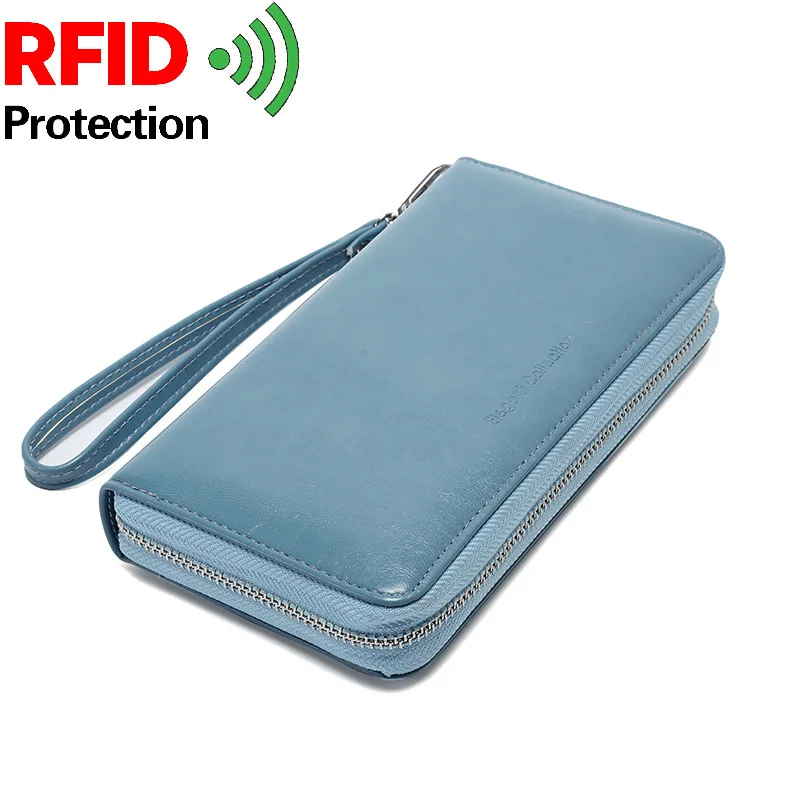 Rfid Женский Длинный кошелек из натуральной кожи, кошелек для монет, многофункциональный мужской и женский деловой держатель для карт Carteira Feminina - Цвет: blue