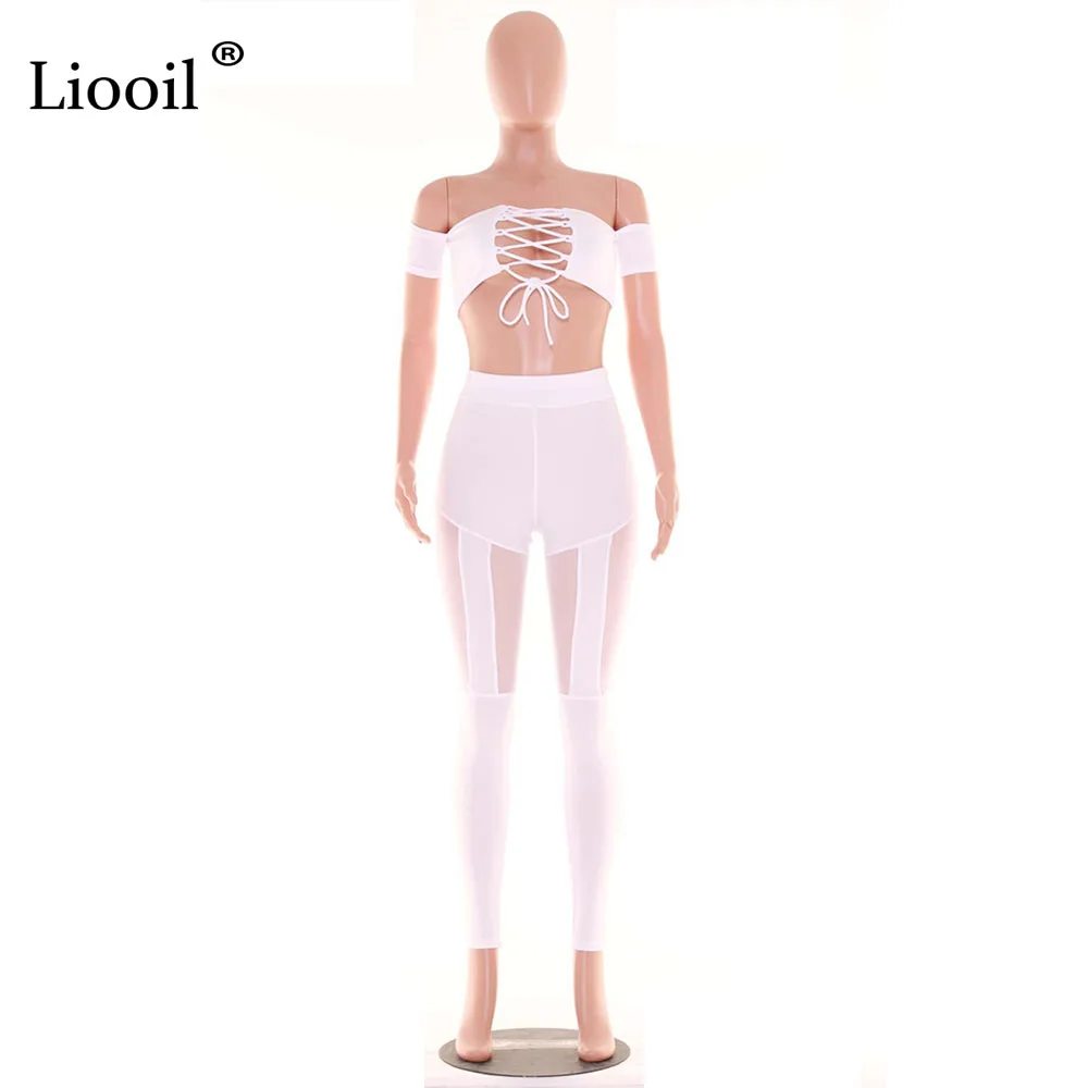 Liooil, летние, из двух частей, облегающие комбинезоны, сексуальные, на шнуровке, с открытыми плечами, открытые, женские комбинезоны, черные, с коротким рукавом, обтягивающие, клубная одежда