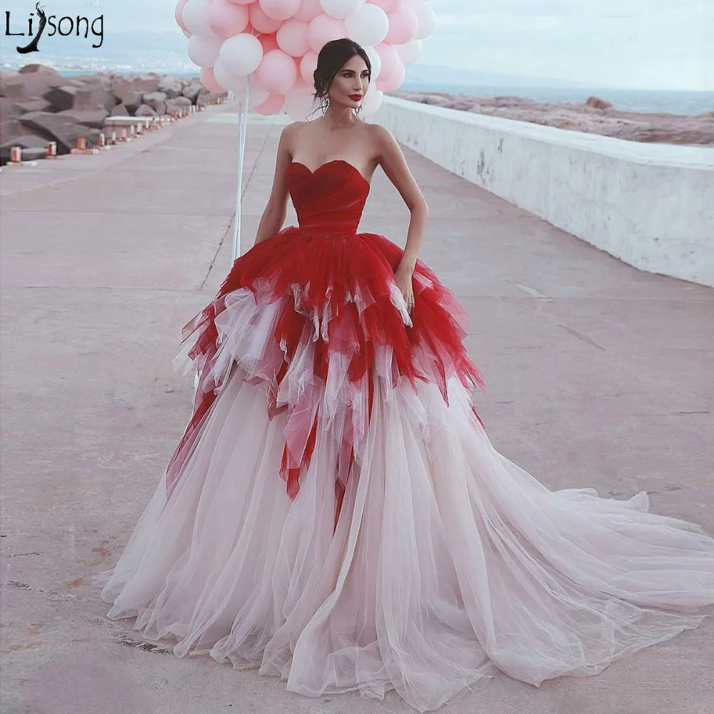 

2019 New Mixed Color Long Prom Dresses Off the Shoulder Sweetheart Chic Evening Dress Tiered Tulle Court Train Robe de soiree
