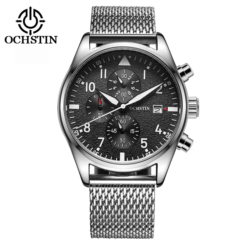 043W-Silver OCHSTIN новые спортивные часы мужские модные повседневные Брендовые Часы с хронографом Роскошные водонепроницаемые светящиеся часы с кожаным ремешком наручные кварцевые часы - Цвет: 043W-Silver
