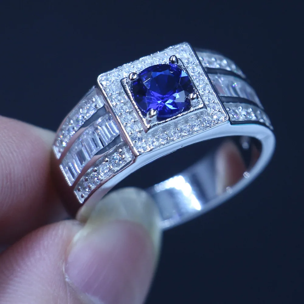 

Fine Jewelry Genuine Soild 925 Sterling silver Wedding Band Rings for Men 1.5ct Blue AAAAA zircon cz male Party Finger Ring