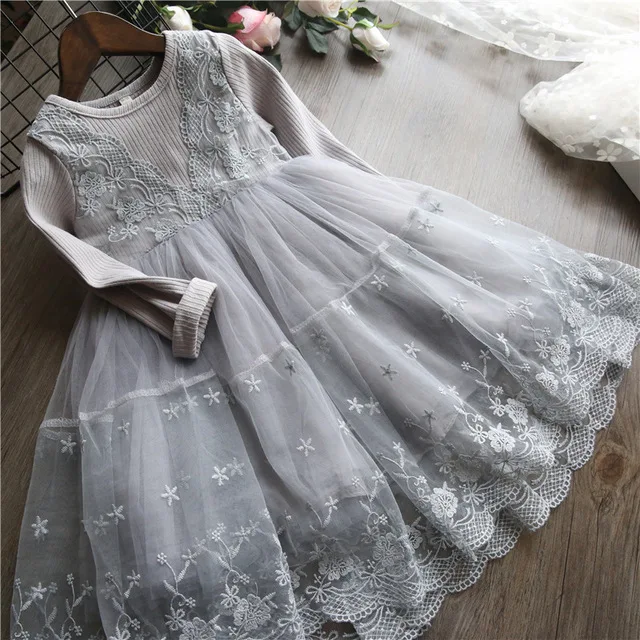 Children Clothes Girls Dress Spring 2022 Long Sleeve Lace Mesh Cotton Girl Pink Princess Ball Gown Kids 8 years old | Детская одежда и