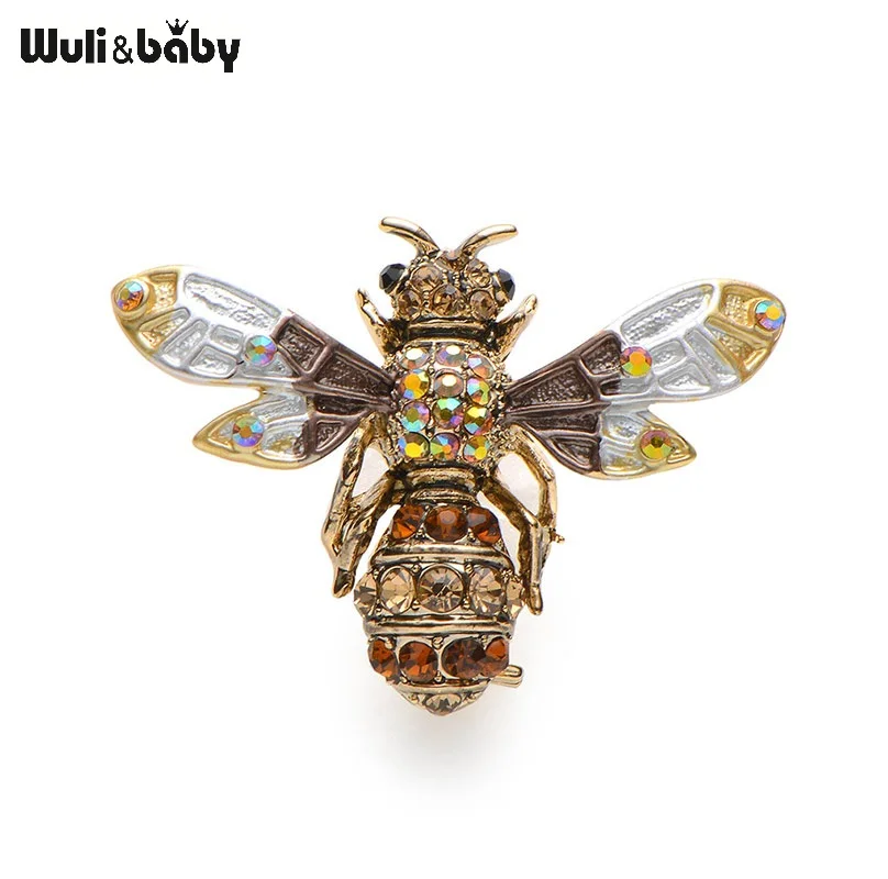 Женская/мужская брошь в подарок Wuli&baby, брошь с инкрустацией стразами, в форме пчелы, коричневого и зеленого цвета, брошь для свитера или костюма, значок для шарфа или шляпы - Окраска металла: brown