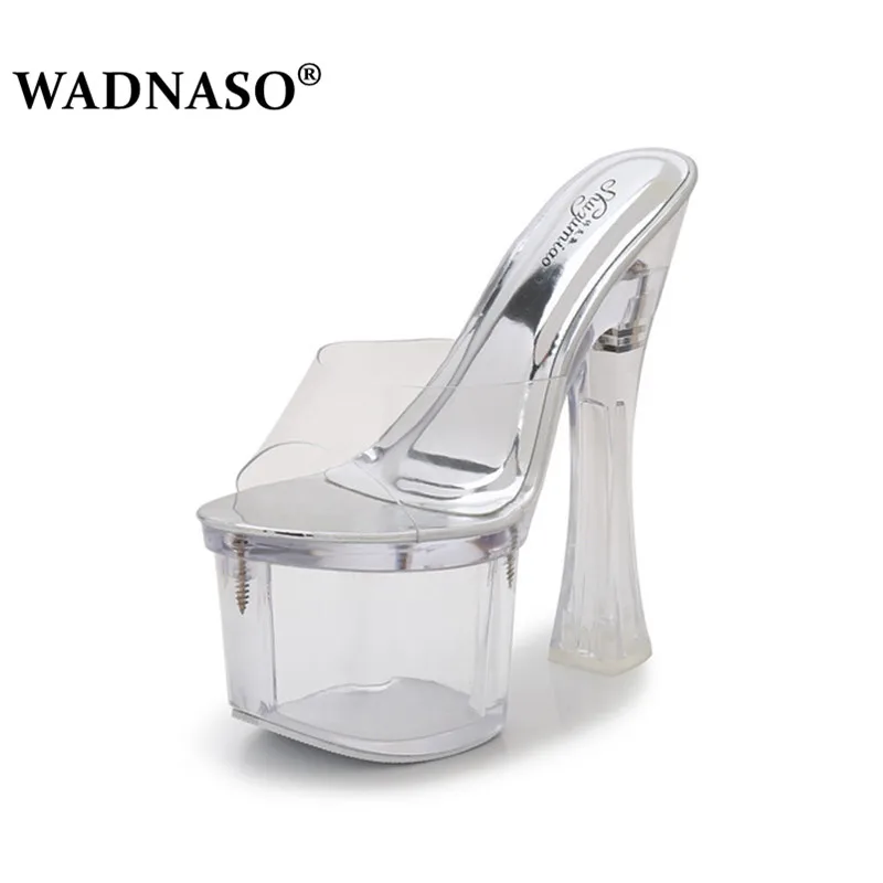 

WADNASO Women Sexy Crystal Slipper Heels 17cm Transparent Cool High Heel Slippers Big yards Female's Wedding Shoe Big Size 34-43