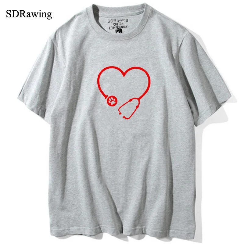 Футболка ветеринарная с принтом лапы в форме сердца модный топ круглым вырезом