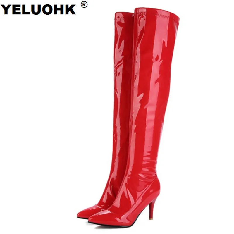 Новинка сапоги из лакированной кожи с острым носком женская обувь пикантные