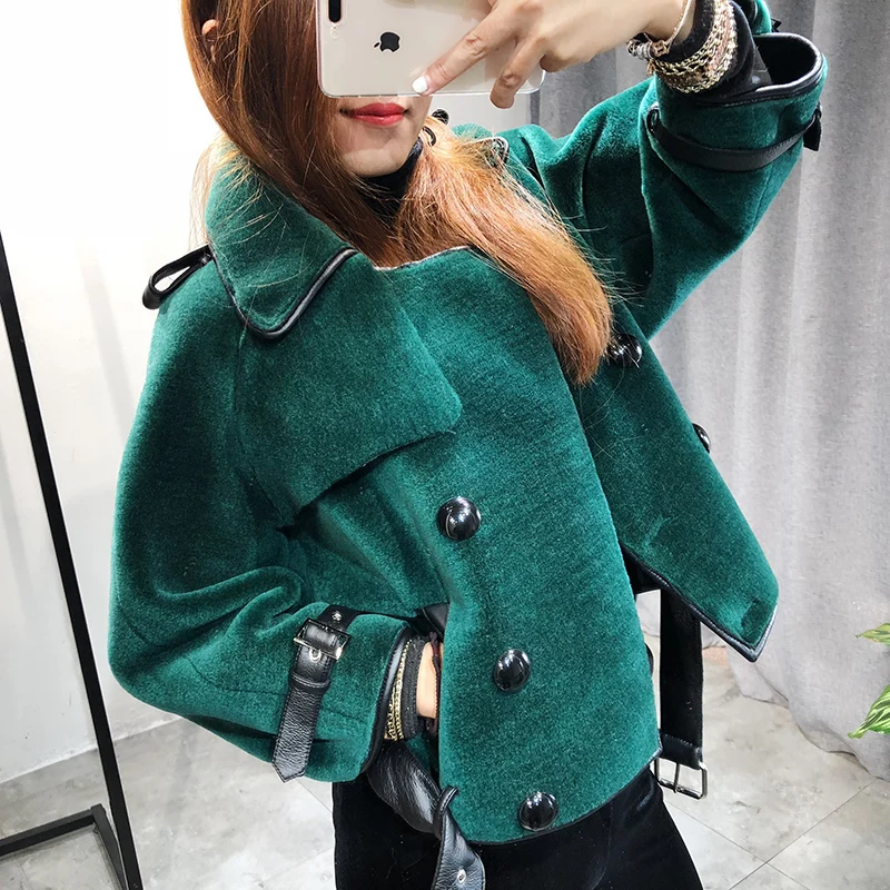 dark green Осенне-зимняя куртка женская одежда пальто из натурального меха шерстяная куртка корейское элегантное короткое пальто из овечьей овчины подкладка из искусственной кожи ZT637 - Цвет: dark green