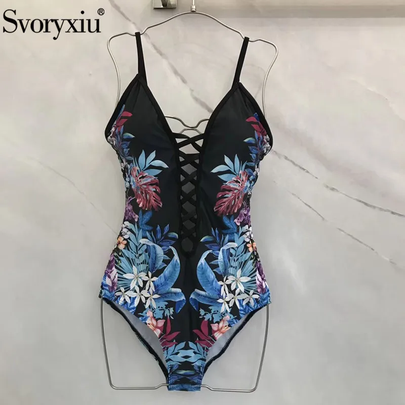 Женское пляжное боди Svoryxiu черный купальный костюм с вырезами и цветочным принтом