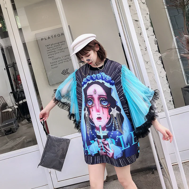 Платье из тюля с мультяшным принтом модное летнее Мини Harajuku длинным рукавом и