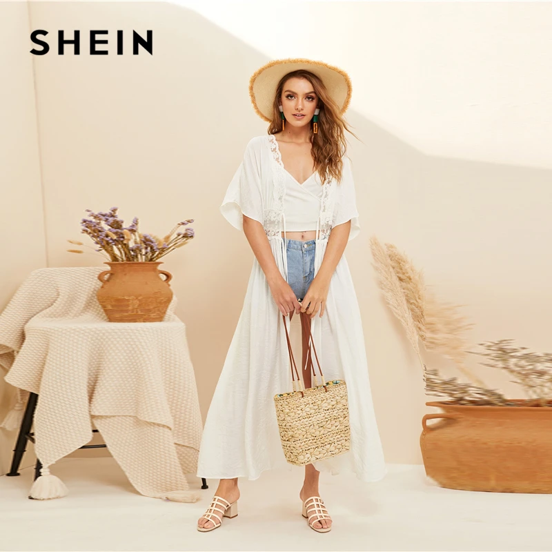SHEIN Повседневное Кимоно С Кружевной Вставкой И Заниженной Линией Плеч Полупрозрачное Богемное Пляжное Длинное Кимоно