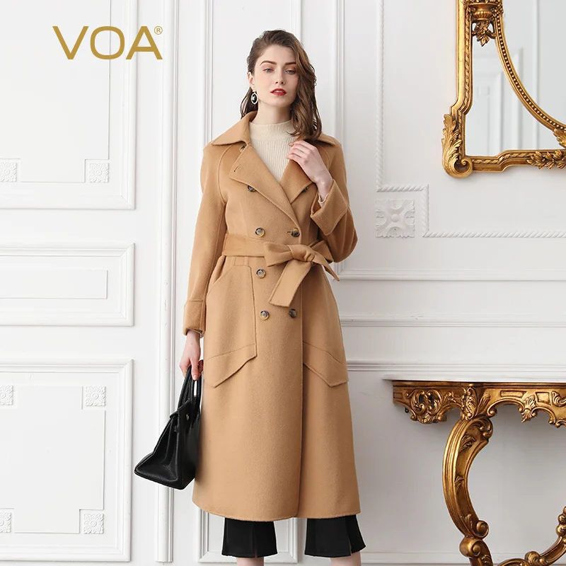VOA Camel Wool Coat Women Long Overcoat Winter Warm Outerwear Cashmere Double Breast Coats Bow Belt Ladies Black Clothes SA7293 | Верхняя