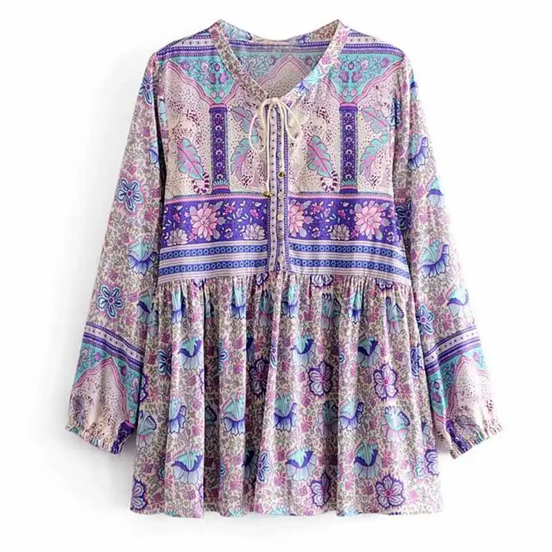 Женская блузка с длинным рукавом на пуговицах завязками спереди фиолетовые