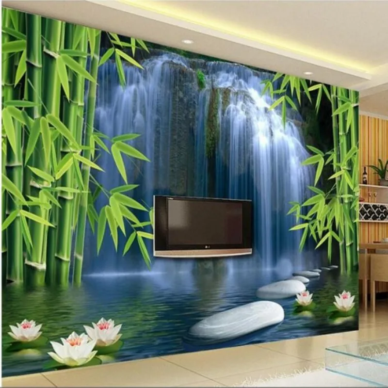 

Beibehang Custom HD bamboo forest waterfall lotus photo wallpaper murals 3D living room TV background wallpaper for walls 3 d