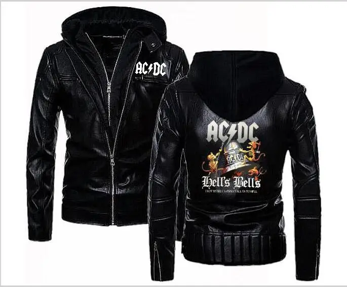 Модная Новая черная ACDC кожаная куртка с капюшоном мужская Тонкая мотоциклетная