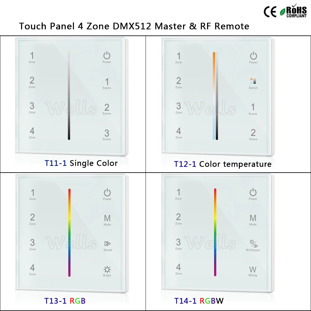 T11-1/T12-1/T13-1/T14-1 Сенсорная панель 4 зоны DMX512 Master &amp RF пульт дистанционного управления