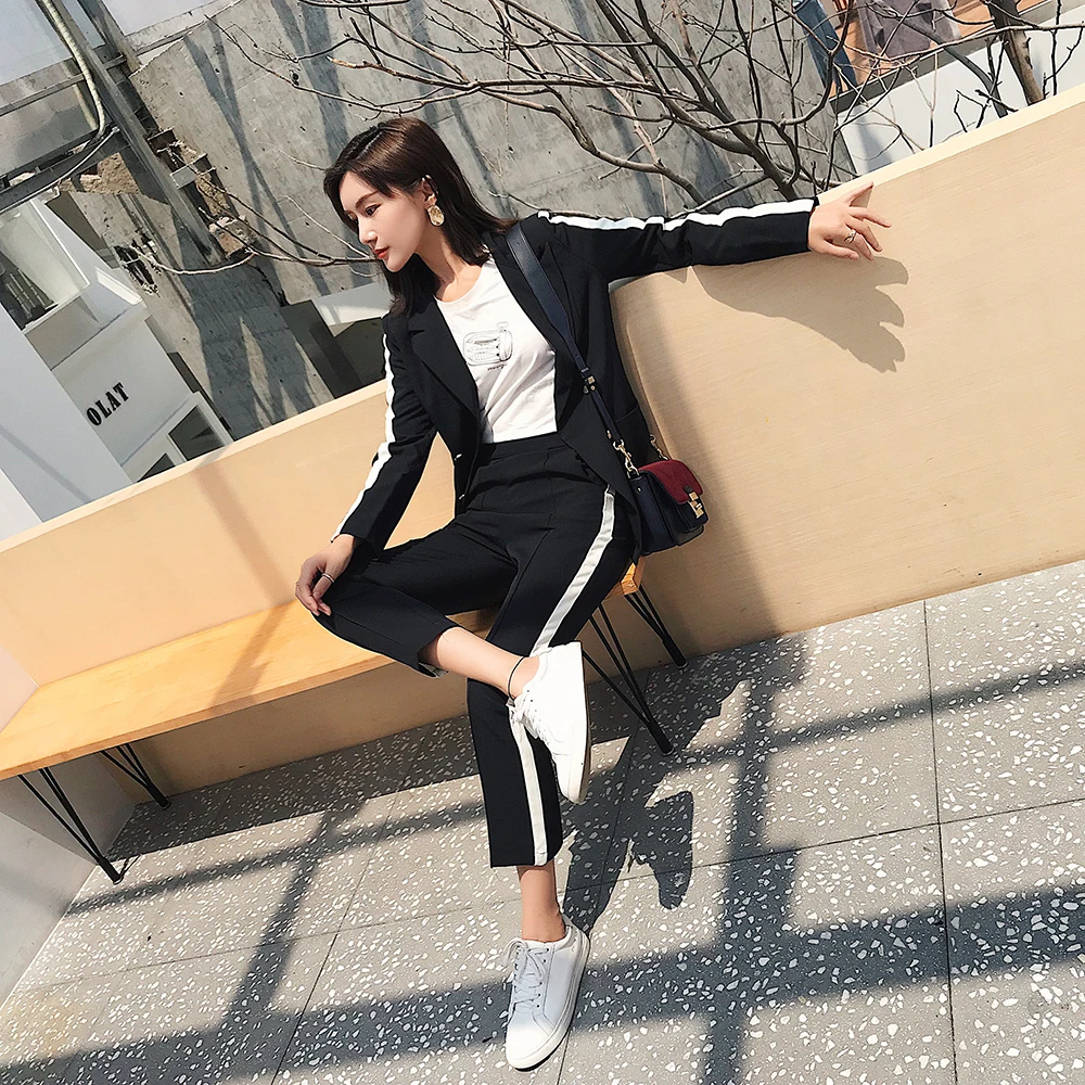 Женский двубортный Блейзер и брюки деловой костюм с отложным воротником длинным