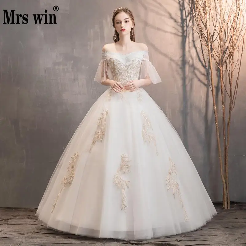 Свадебное платье 2021 Mrs Win короткий рукав летучая мышь лодочка шеи Кружева бальное