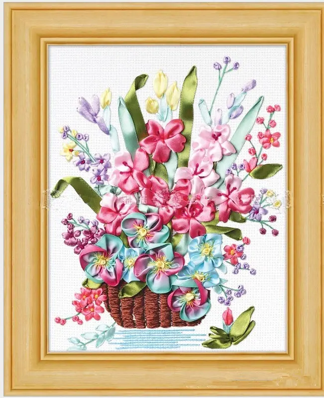 Корзина цветок шелковая лента вышивка 3D холст картина атласная Вышивка
